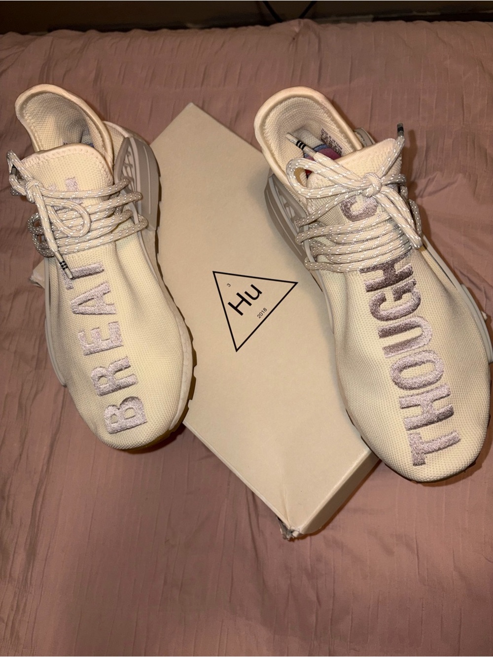 adidas Hu NMD Cream Sneakers with Lavender Lettering